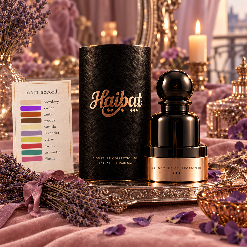 Haibat Signature Collection 08 Extrait de Parfum with main accords card